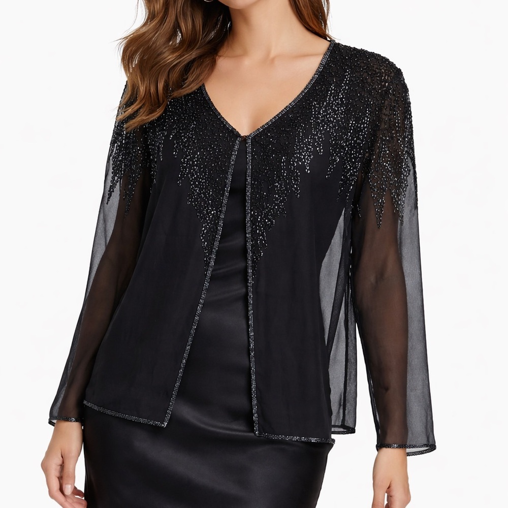 JMD New York Beaded Sheer Mesh Cover Up Tunic Top Black Blue Sparkle Party L